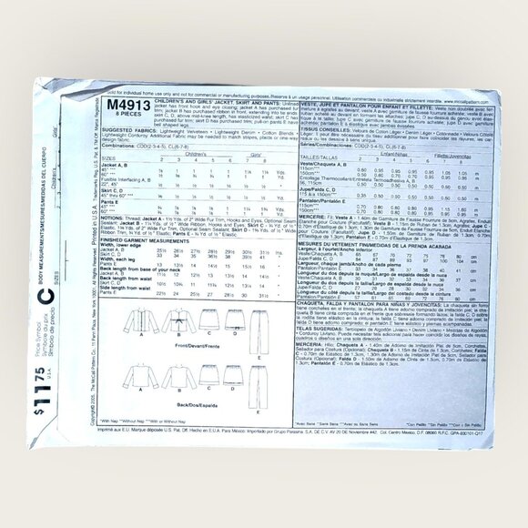 McCalls Sewing Pattern M4913 Girls Jacket Skirt Pants Size 6-8 Uncut - Picture 2 of 2